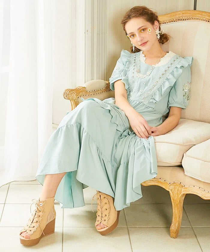 chinese dress ladies Ladder Lace & Sleeve Rose Embroidery Dress – axes femme from JAPAN