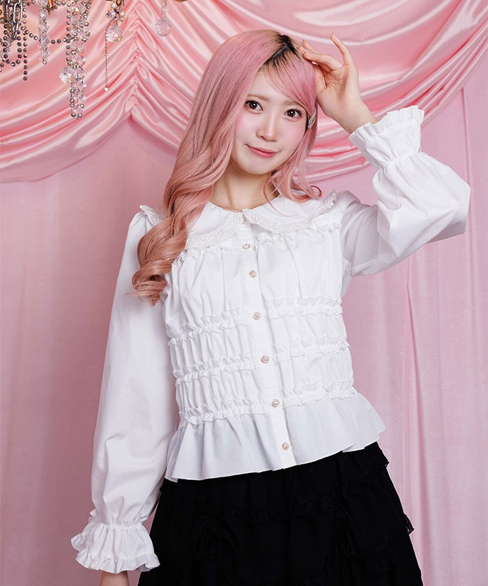 Shirring Frill Round Collar Blouse (Pre-order) – axes femme from JAPAN