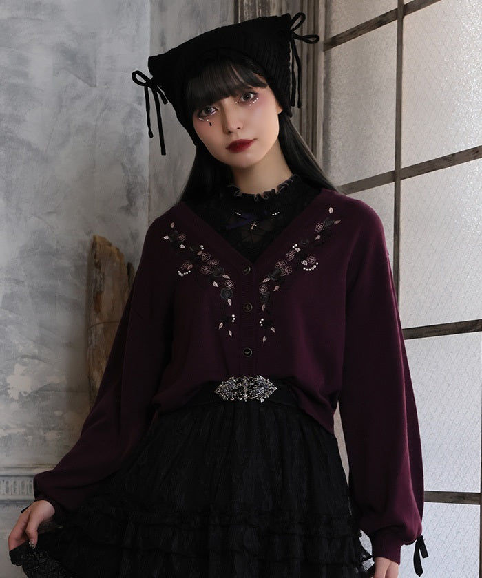 Rose Embroidery & Bat Button Knit Cardigan – axes femme from JAPAN