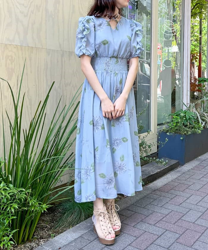 axes femme blue dress Frill Sleeve Shirring – from JAPAN Color:Leopard-Print Collection: MA CHERIE Formal dress Black Net Long Sleeve