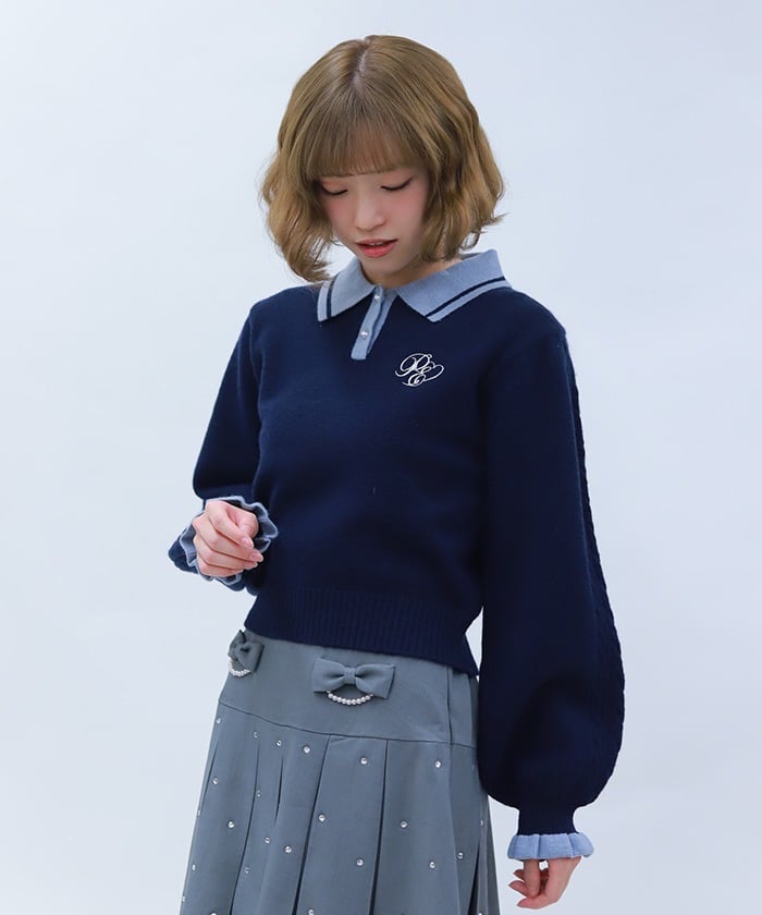 Color Scheme Embroidery Bicolor Polo Knit Top – axes femme