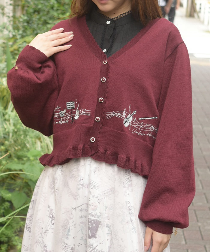 Music Embroidery Short Knit Cardigan – axes femme from JAPAN