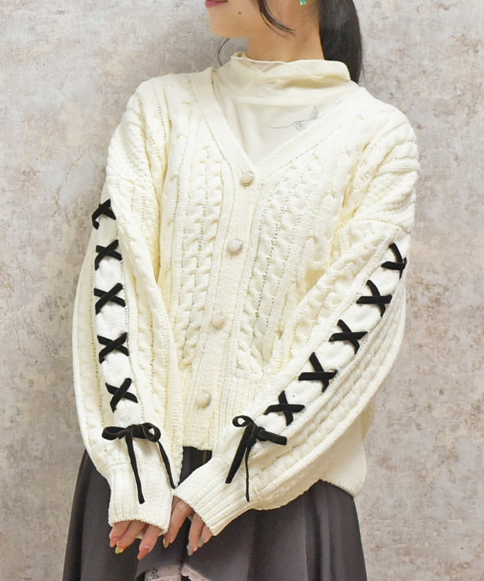 Lace-Up Chenille Yarn Knit Cardigan – axes femme from JAPAN