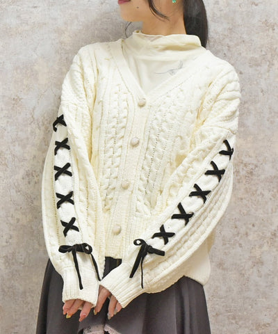 Lace-Up Chenille Yarn Knit Cardigan