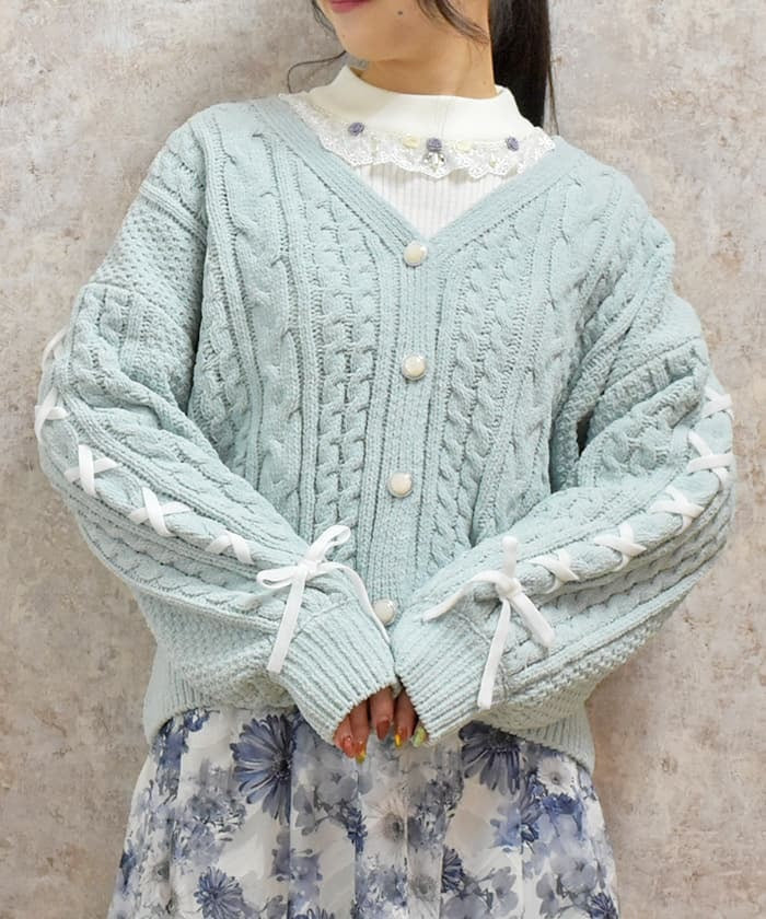 Lace-Up Chenille Yarn Knit Cardigan