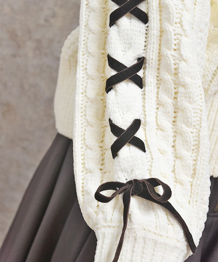 Lace-Up Chenille Yarn Knit Cardigan