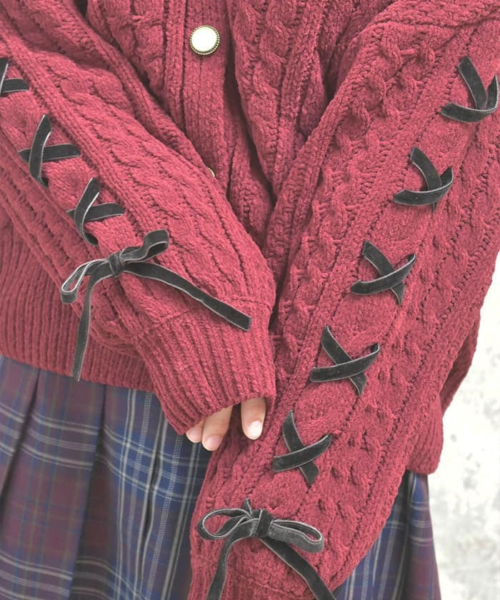 Lace-Up Chenille Yarn Knit Cardigan