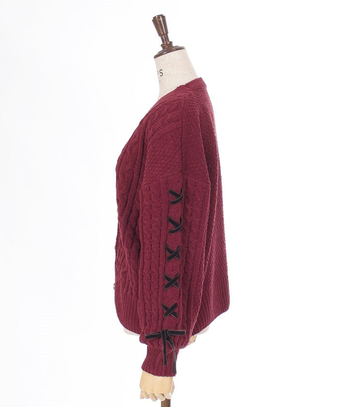 Lace-Up Chenille Yarn Knit Cardigan