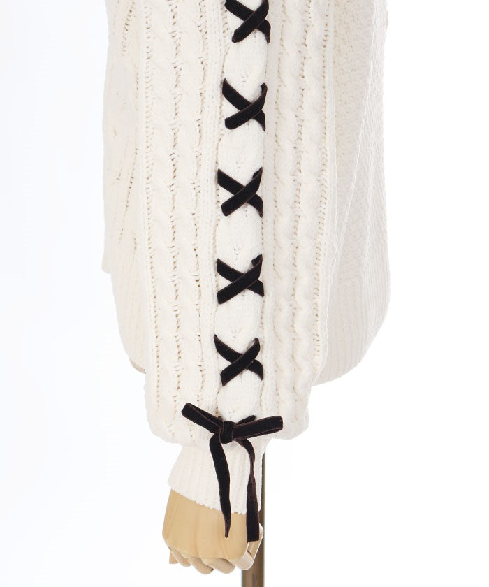 Lace-Up Chenille Yarn Knit Cardigan