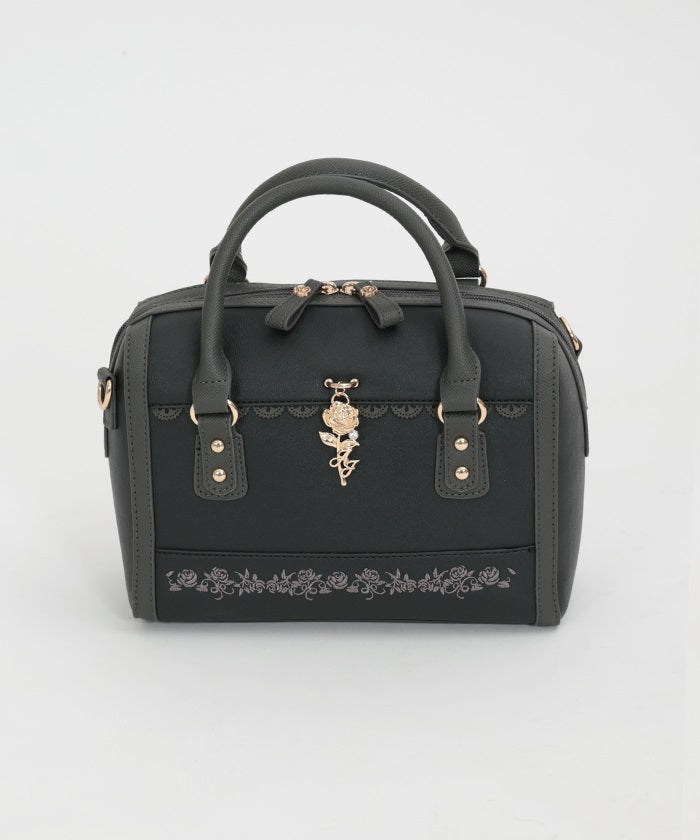 Boston Bag with Rose Embroidery & Charm