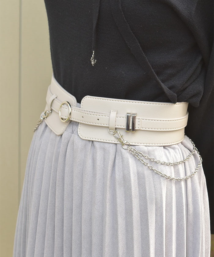 Wide Faux Leather Belt with Chain