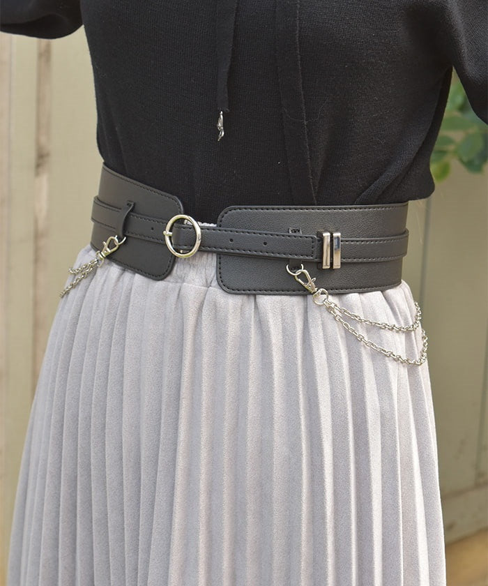 Wide Faux Leather Belt with Chain