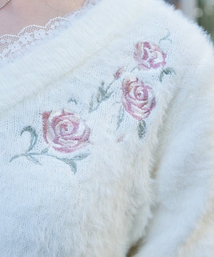 Rose Embroidery Feather Knit