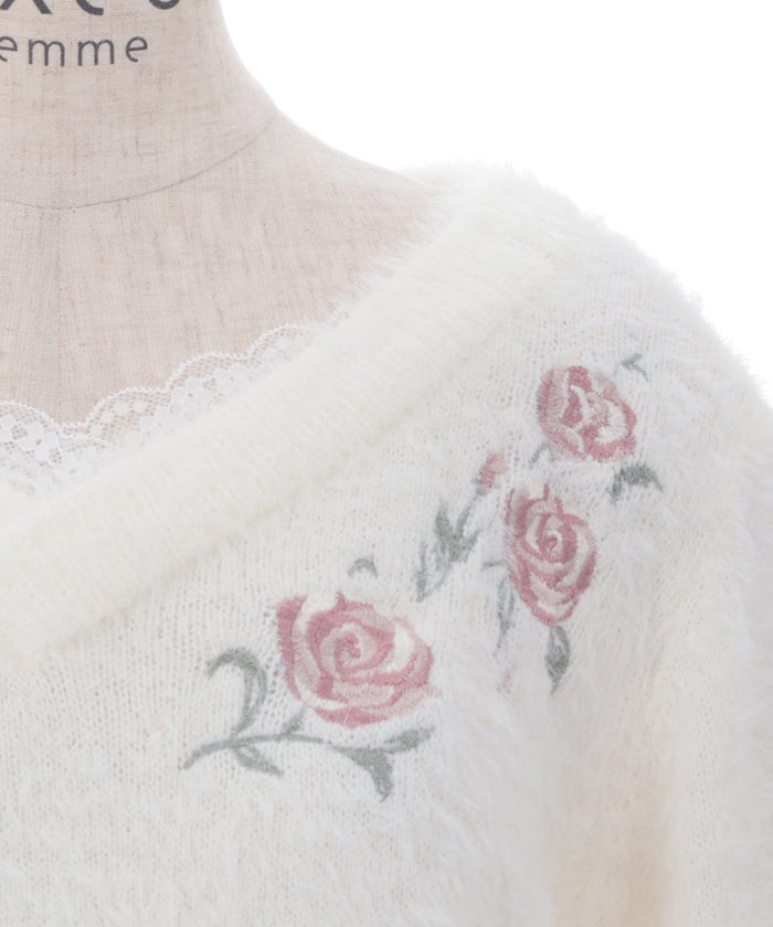 Rose Embroidery Feather Knit