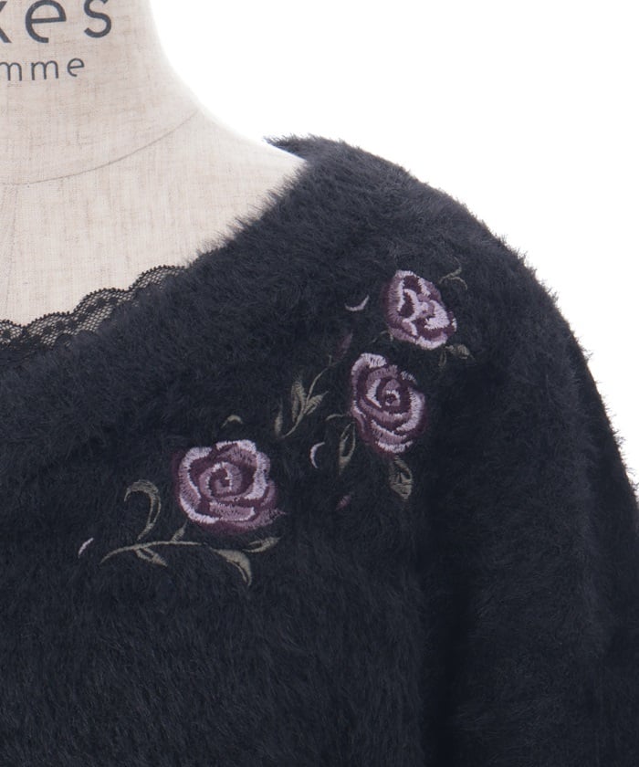 Rose Embroidery Feather Knit