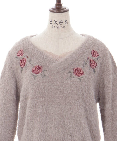 Rose Embroidery Feather Knit