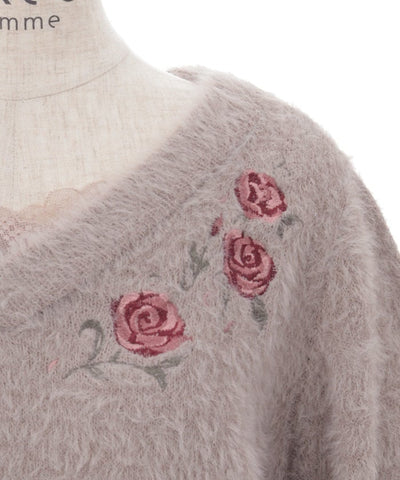 Rose Embroidery Feather Knit