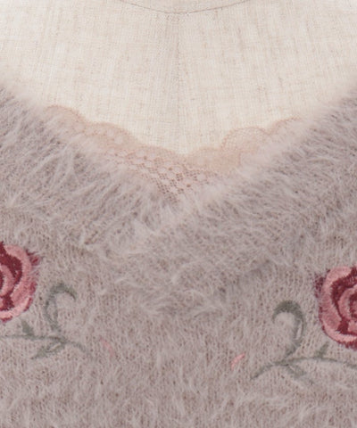 Rose Embroidery Feather Knit