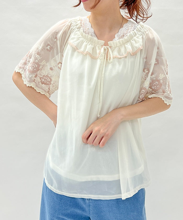 Flower Embroidery 2-Way Chiffon Blouse