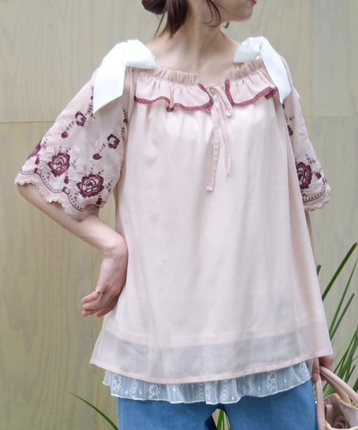 Flower Embroidery 2-Way Chiffon Blouse