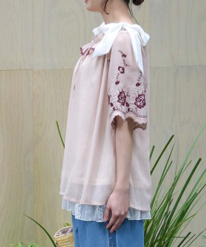 Flower Embroidery 2-Way Chiffon Blouse – axes femme from JAPAN