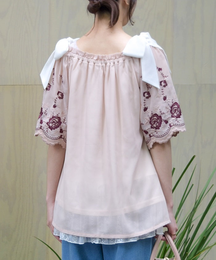 Flower Embroidery 2-Way Chiffon Blouse