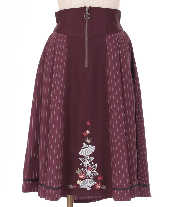 Folding Fan & Autumn Leaves Embroidery Zip Skirt