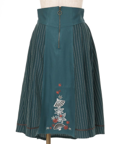 Folding Fan & Autumn Leaves Embroidery Zip Skirt