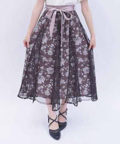 Rose Pattern Tulle & Lace Layered Skirt