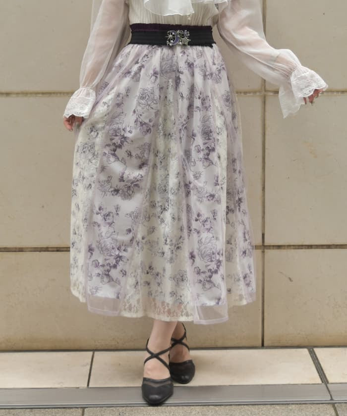 Rose Pattern Tulle & Lace Layered Skirt