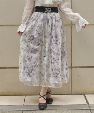 Rose Pattern Tulle & Lace Layered Skirt