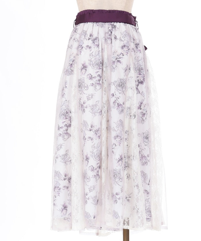 Rose Pattern Tulle & Lace Layered Skirt