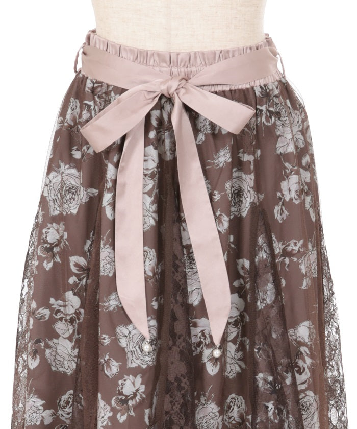 Rose Pattern Tulle & Lace Layered Skirt