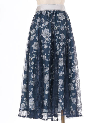 Rose Pattern Tulle & Lace Layered Skirt