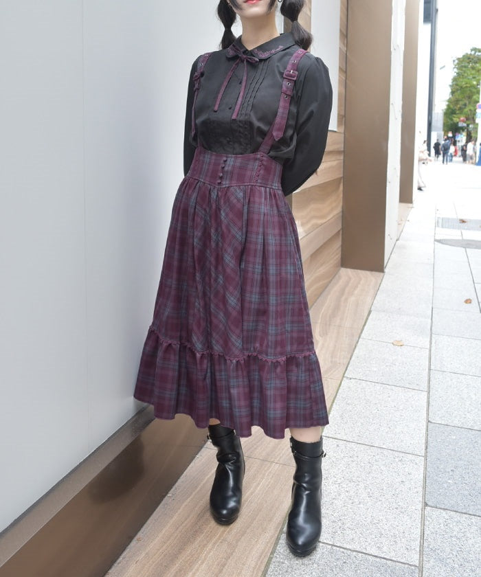 Plaid Pattern Skirt with Suspenders