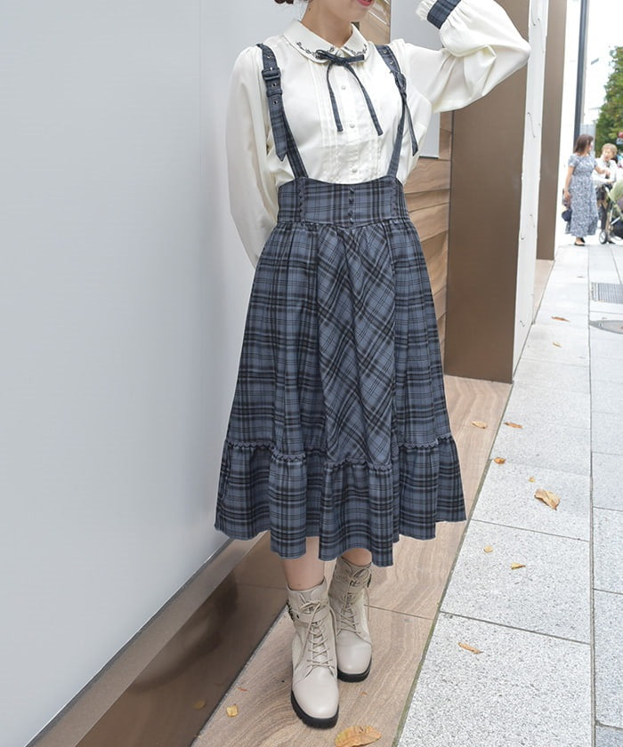 Plaid Pattern Skirt with Suspenders