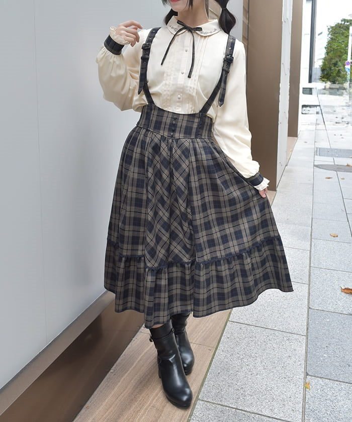 Plaid Pattern Skirt with Suspenders