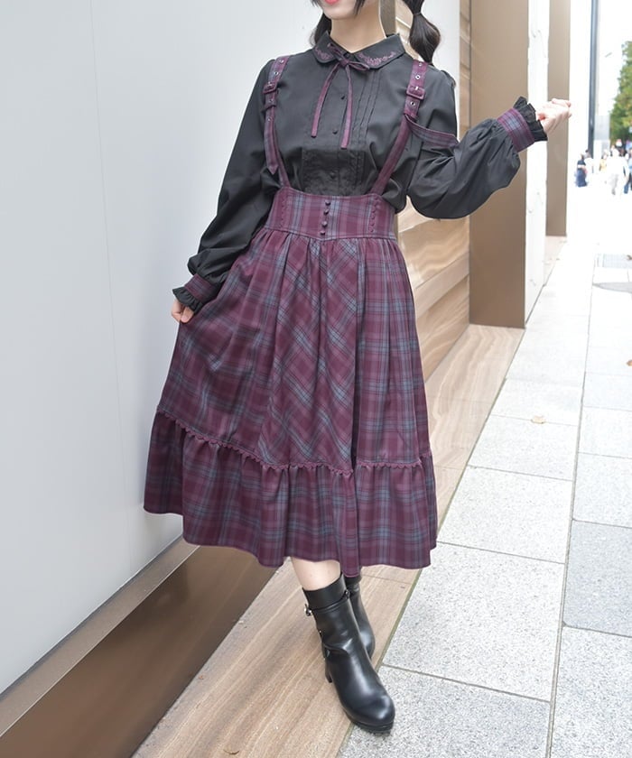 Plaid Pattern Skirt with Suspenders