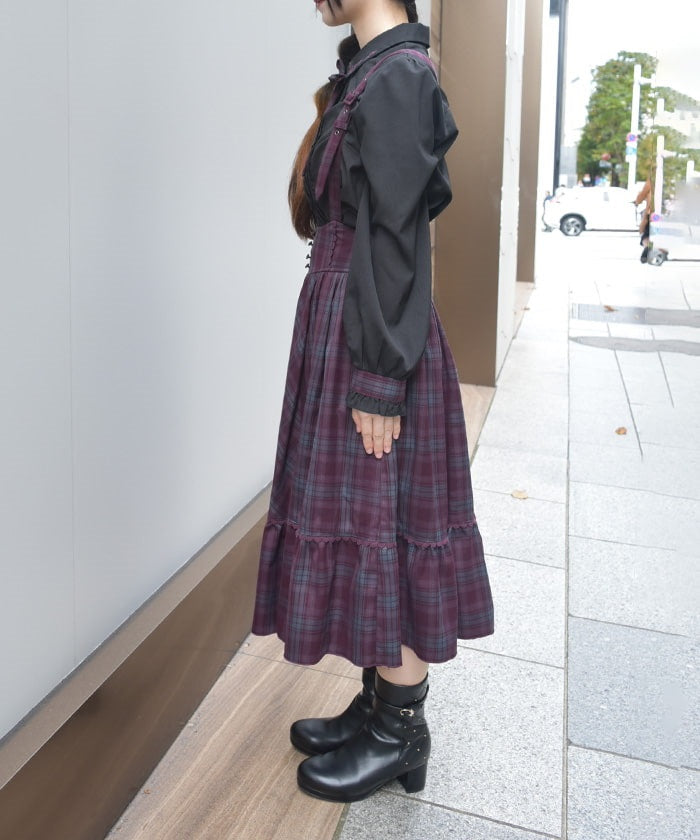 Plaid Pattern Skirt with Suspenders