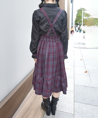 Plaid Pattern Skirt with Suspenders