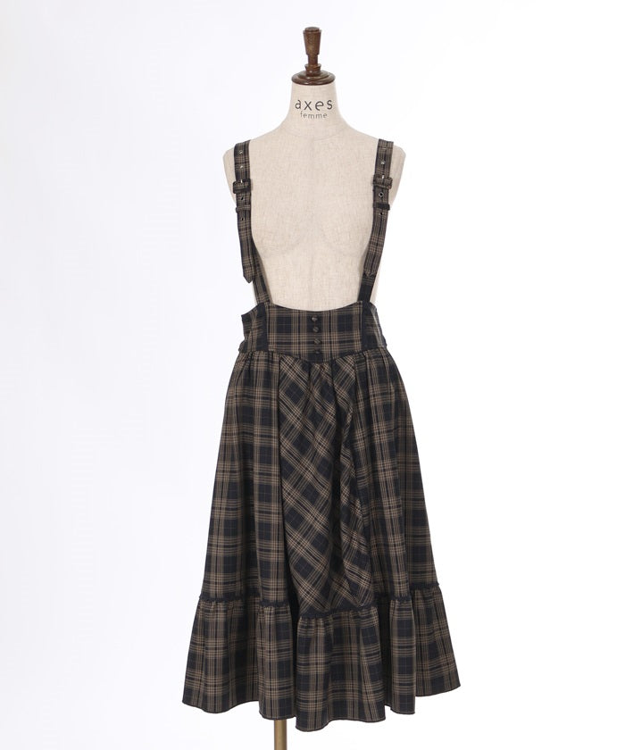 Plaid Pattern Skirt with Suspenders