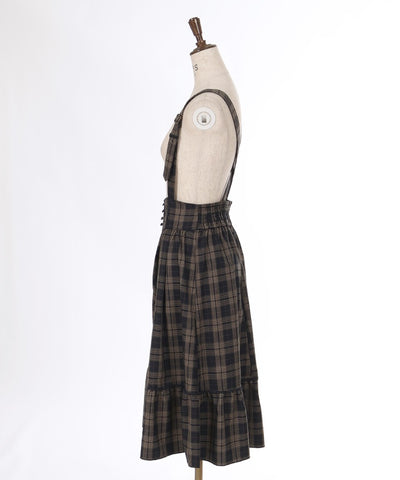 Plaid Pattern Skirt with Suspenders