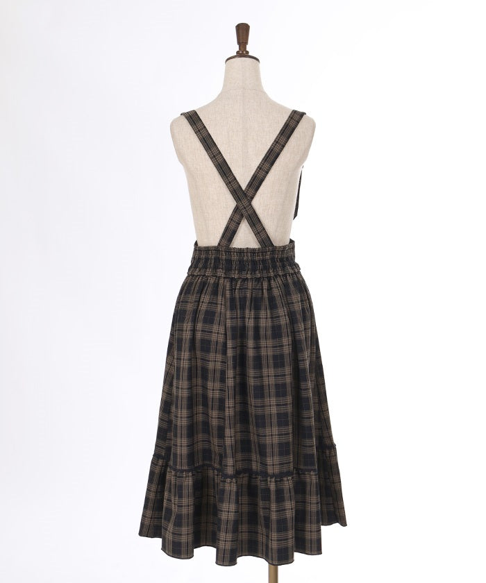 Plaid Pattern Skirt with Suspenders