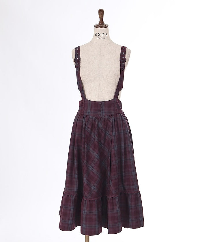 Plaid Pattern Skirt with Suspenders