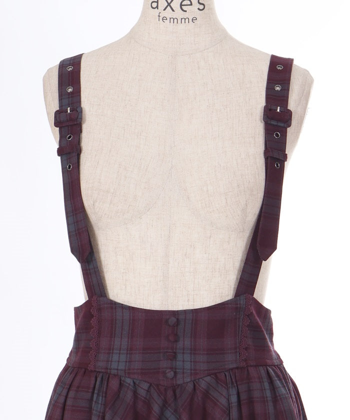 Plaid Pattern Skirt with Suspenders