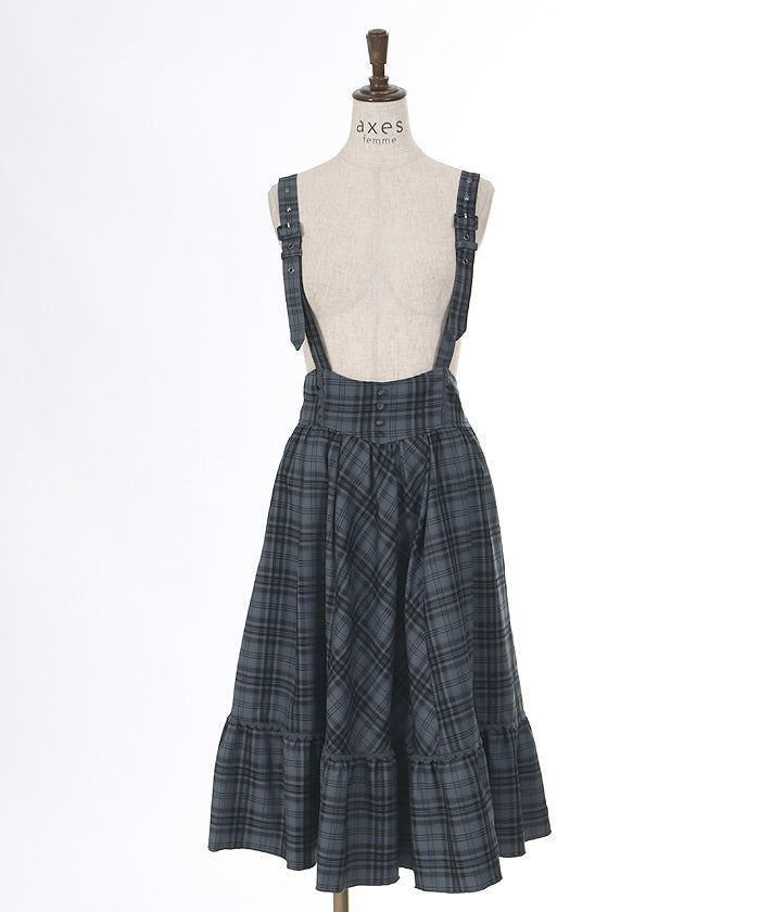 Plaid Pattern Skirt with Suspenders