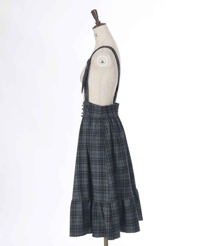 Plaid Pattern Skirt with Suspenders