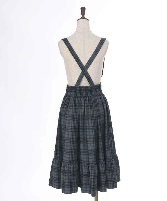 Plaid Pattern Skirt with Suspenders