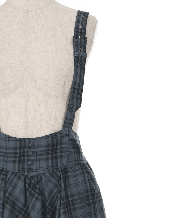 Plaid Pattern Skirt with Suspenders