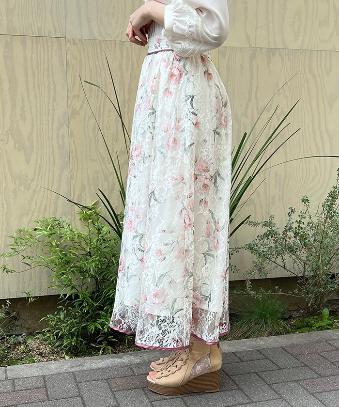 Midi Skirt Skirt In Flower Pattern Flower Pattern Lacy Long Skirt